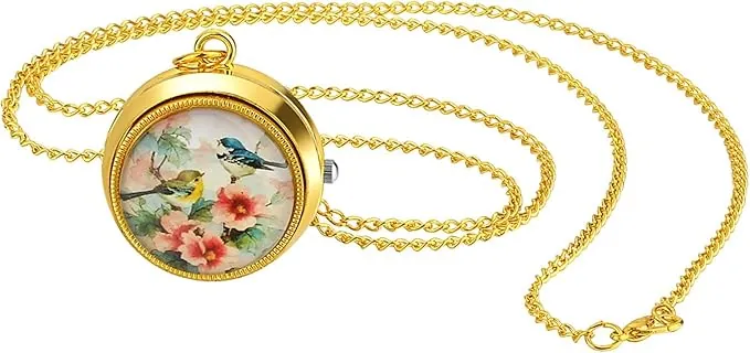 JewelryWe Reloj de Bolsillo, Reloj Gótico Clásico de Cuarzo, con Cadena Larga, Color Oro, B, Moderno