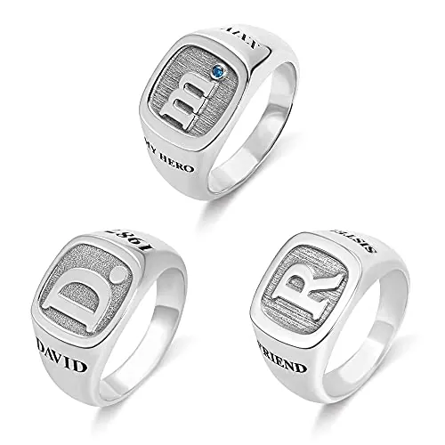 Anillo de sello cuadrado personalizado para hombres y mujeres, plata de ley 925, anillo con inicial, nombre, año, letra, piedra natal y puntos, joyería de cumpleaños, regalo