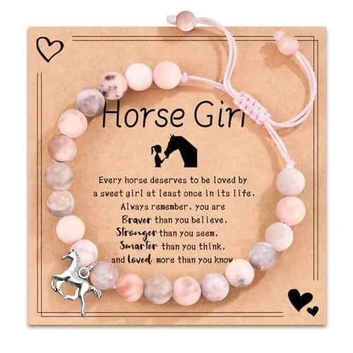 TESGADGETS Pulsera con colgante de caballo de piedra natural rosa, regalos de caballos, pulsera de niña con colgante de caballo para niñas, nietas, hijas, sobrinas que aman los caballos