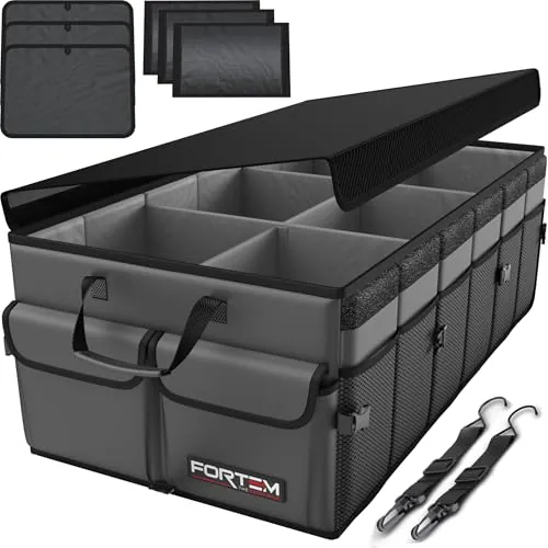 FORTEM Organizador Maletero Coche - Caja Maletero Coche Plegable con Base Antideslizante y Correas Ajustables - Bolsa Organizador con Compartimentos y Tapa con Tela Oxford 600D - Accesorios Coche 85L