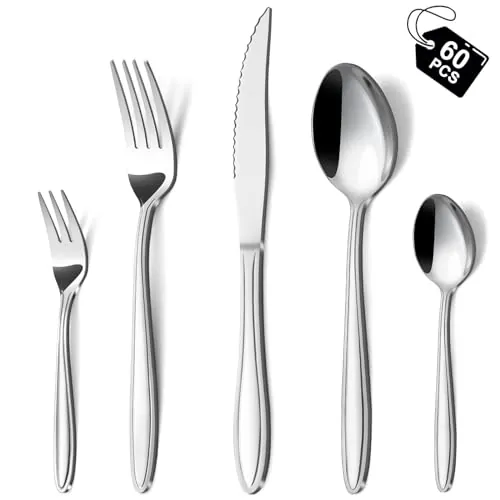 Hunnycook Juego de cubiertos para 12 personas, 60 piezas de acero inoxidable con mango estriado, elegante juego de cubiertos con cuchillo, tenedor, cuchara para casa/restaurante/fiesta, apto para