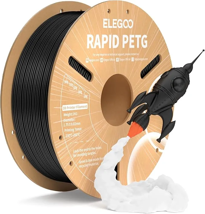 ELEGOO Filamento PETG Rápido 1.75 1KG Negro, PETG de Alta Velocidad 30-600mm/s para Impresora 3D, Precisión Dimensional +/- 0.02mm, Carrete Filamento 3D, para Mayoría Impresoras 3D