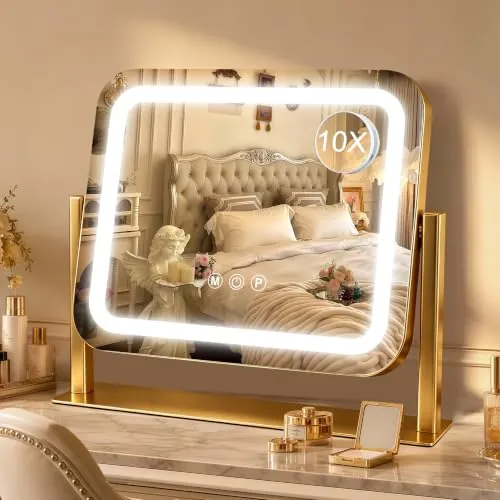 Ratsamee Espejo Maquillaje con Luz, Espejo Tocador 3 Modos de Luz, Intensidad Ajustable, Control Táctil, Giratorio 360°, Accesorio de Aumento Incluido, 35 x 30cm, Dorado