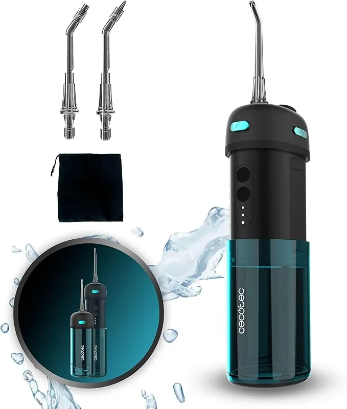 Cecotec Irrigador Dental Pórtatil Toothcare Jet Splash. Irrigador Compacto y Ligero de Viaje Con 3 Modos y Hasta 8 Intensidades, 150 Ml de Capacidad y 2 Boquillas Intercambiables, IPX7, Impermeable