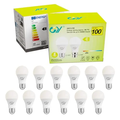 GY 9.3W Bombillas Led E27 Luz Calida 3000K 1500LM, No Regulable - Clase C Bombilla Bajo Consumo, A60 Bombilla E27 Casquillo Pack de 12