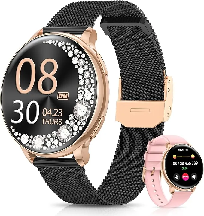 RUXINGX Reloj Inteligente Mujer, 1,27" Pantalla Táctil Smartwatch Llamadas, Función Femenina Pulsómetro SpO2 Sueño, 126 Deportes, 220 Esferas Podómetro IP68 Resistente Agua Android iOS Regalo Oro