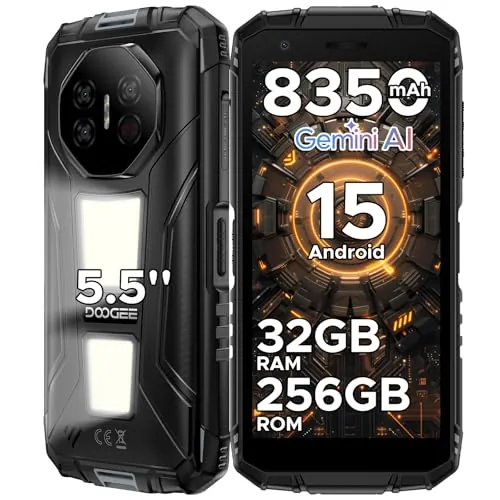 DOOGEERugged FIRE3MAX Movil Irrompible Android 15, 5.5"HD+ 8350mAh Batería Móvil Rugerizado, 32GB+256GB/2TB Octa-Core T7250, 48MP+8MP/IP68/Face & Huella Dactilar/OTG/NFC/Dual SIM 4.5G Móvil Resistente