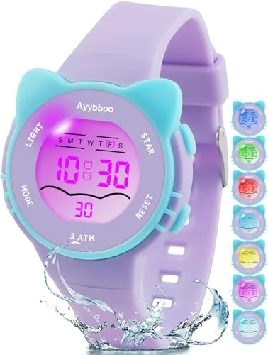 Ayybboo Reloj para Niños,7 Colores de Luces LED Intermitentes Reloj Digital Impermeable para Niños y Niñas de 4 a 12 Años