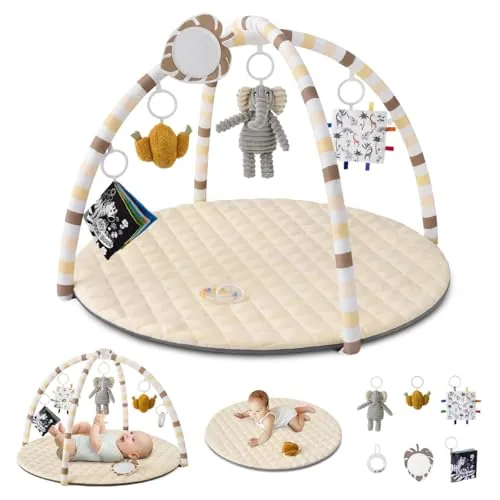 Blissful Diary Gimnasio Bebe Con Arco Desmontable, Manta Actividades Bebe De Forma De Hoja Con 6 Juguetes - Desarrollo Sensorial Y Motor Progresivo, Regalo Para Bebés, Beige