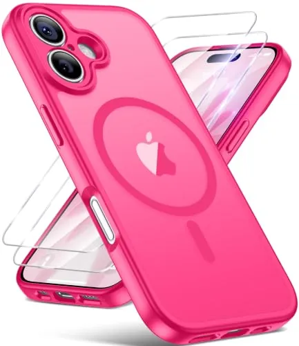 FLLAO Funda para iPhone 17, Compatible MagSafe, con 2 Piezas Protector de Pantalla Cristal Templado, [Protección de Cámara] Magnética Carcasa Translúcida Mate Trasera Fina Antigolpes, Rosa Vivo