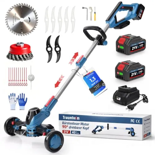 Traumheim Desbrozadora Eléctrica a Batería 5 en 1 con Ruedas y Cortabordes | Motor sin escobillas, resistente al calor y sin mantenimiento. Ergonómico, con accesorios y garantía de 36 meses con cambio