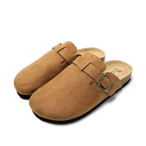JOMIX Zapatillas Casa Mujer con Hebilla Zuecos y Mules Mujer Ante con Plantilla Ortopédica Sandalias Cómodas MD2438, Caqui, 37 EU