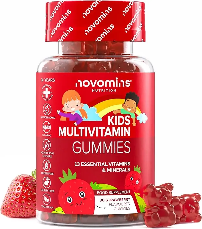 Multivitaminas Niños - 30 Gominolas - Vitaminas Niños con Vitamina C, D, A, E, B12, Zinc, Inositol - Vegano - Multivitaminas Sabor Fresa - Sin Gluten Multivitaminico - Novomins