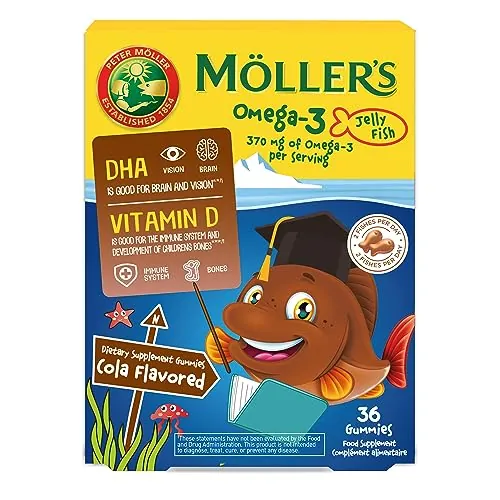 Moller’s ® | Omega 3 para niños | Omega-3 Cápsulas de Aceite de Pescado con Ácidos Grasos Omega 3 | Con DHA y EPA, Sin Gluten, Sin Lactosa, Sin Azucares Añadidos | Cola | 36 Uds