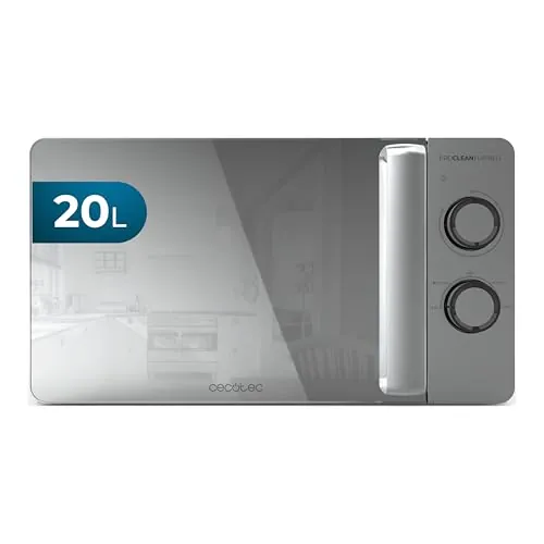 Cecotec Microondas de 20L Proclean 3060 Flatbed. Mirror Potencia de 700W, Diseño Compacto, Interior Cerámico, Modo descongelación, Temporizador 30 Min, Tecnología 3Dwave, Mirrordoor