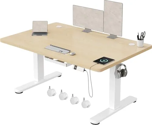 Devoko Escritorio Elevable 120x80cm con Tablero de 18 mm, Ruedas y Puerto Type-C, Escritorio Eléctrico, Regulable en Altura con Bandeja de Gestión de Cables (Beige)
