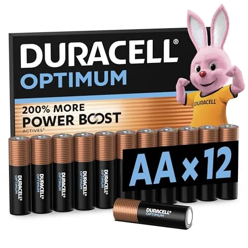 DURACELL Optimum Pilas AA (Paquete de 12) – Pilas alcalinas 1,5 V – 200 % más de activos POWER BOOST – Satisface las exigencias de los dispositivos modernos – Envase 100 % reciclable – MX1500
