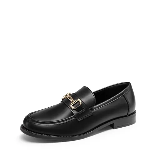 DREAM PAIRS Mocasines Penny Mujer,Negro-PU,38 | Estribo metal, upper PU limpio, forro PU, suela TPR, tacón grueso, slip-on.