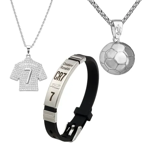 FENGCHUANG 3 Piezas Cadena de Fútbol Cadena Cadenas para Niños Collar Número 7 Ajustable Plata Collar de Fútbol Pulsera para Deportes de Fútbol Regalo para Aficionados al Fútbol
