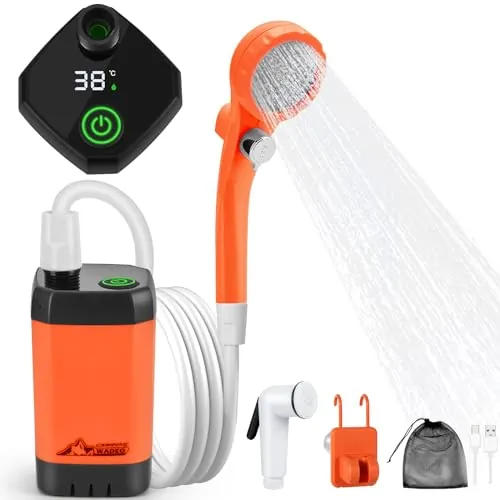 WADEO Ducha Portátil para Acampar, Ducha Móvil para Exteriores con Pantalla Digital Inteligente y Cabezal de Ducha, Ideal para Acampar, Viajar, Duchas para Perros y Lavar Autos (Tipo C, Naranja)