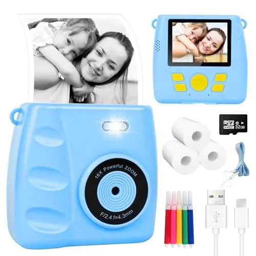 Cámara de impresión instantánea para niños, cámara instantánea 1080P de 2.4 pulgadas para niños con tarjeta de 32 G y 3 rollos de papel fotográfico impreso, cámara digital para niños, juguetes de