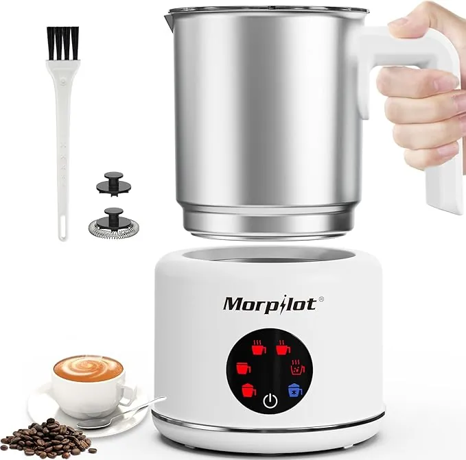 Morpilot Espumador de Leche Eléctrico 500ml, Calentador de Leche 6 en 1, para Espuma Caliente y Fría, Chocolate Caliente, Latte, Capuchino y Macchiato, Apto para Lavajillas, Acero Inoxidable, Blanco
