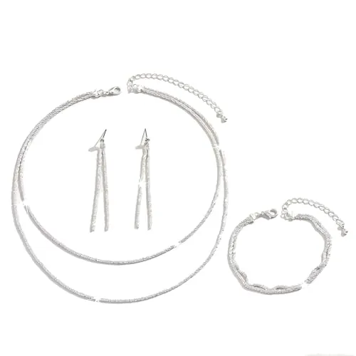 JAWAI Conjunto de Joyas de 3 Piezas, Conjunto Collar y Pendientes, Pendientes de Plata, Collar de Plata de Ley 925 Sin Colgante, Pulsera de Plata, Conjunto de Joyas para Boda, Regalo para Mujeres