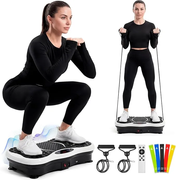 JUPPLIES Plataforma Vibración Muscular con 99 Velocidades, 5 Modos y 5 Bandas Elásticas - Máquina de Ejercicio con Bluetooth y Mando a Distancia para Adelgazar, Tonificar y Mejorar la Circulación