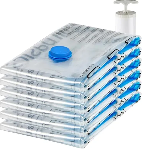 Amazon Basics Paquete de 6 Bolsas de vacío para Almacenamiento de Ropa, Incluyen Bomba Manual de vacío, con Cremallera, tamaño Extragrande,Jumbo, Transparente