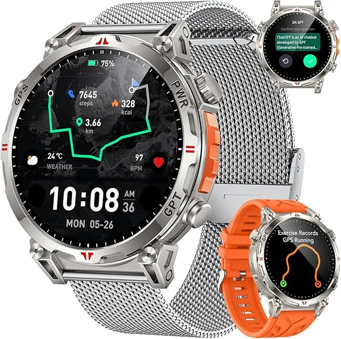 Reloj Inteligente Smartwatch Hombre con GPS: 1.7''AMOLED Pantalla Táctil Bluetooth SmartWatch con GPT Ai Esfera Brújula SpO2 Sueño Presión Arterial 100+Modo Deportivo 3ATM Impermeable Para Android iOS
