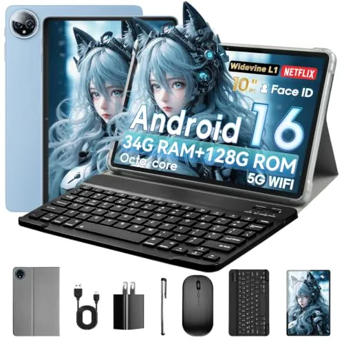 Tablet 10 Pulgadas, Tableta Android 16 con Funda, Ratón & Teclado, Octa-Core, 34 GB RAM + 128 GB ROM + 1 TB TF, Pantalla IPS HD 1280x800, Cámara Dual, 7000 mAh, WiFi 6, BT 5.0, Widevine L1, GPS (Azul)