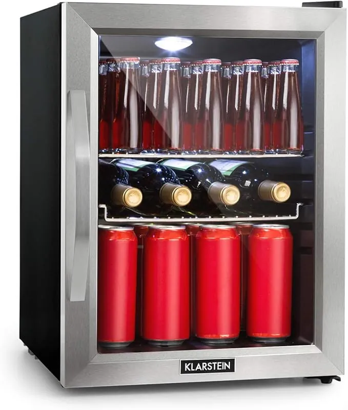Klarstein Beersafe Mix It - Nevera pequeña, Mini nevera con puerta acristalada, Frigoríficos pequeños con iluminación LED, De 0 a 13°C, 42 dB, Silencioso, 2 Rejillas metálicas, 33 L, Negro