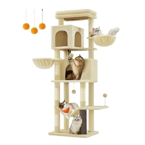 Feandrea Árbol para Gatos, 174 cm, Multinivel, 2 Cuevas, Beige Arena