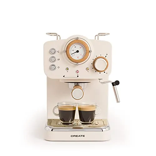 CREATE / THERA RETRO/Cafetera Express Semiautomática blanco mate y madera / 20 bares, brazo doble salida, depósito 1,25L, café molido y monodosis ESE 55mm, con vaporizador, 1100W