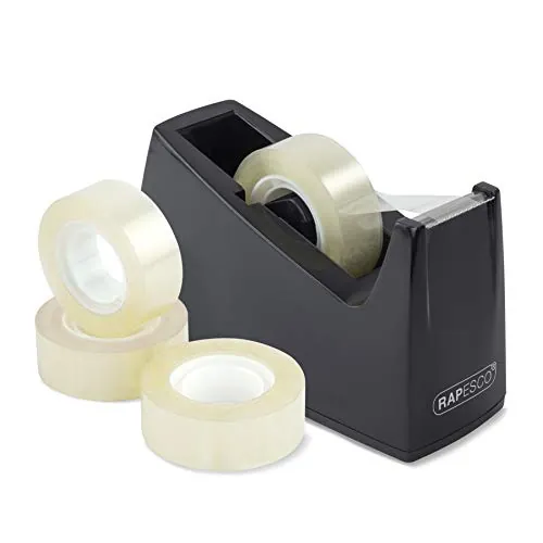 Rapesco 1619 Dispensador de Cinta Adhesiva 300 con Diámetro del Mandril de 25 mm, 4 Rollos de Cinta Incluidas, Negro