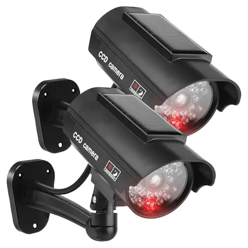 Sporgo 2 piezas de cámara falsa exterior: Cámara solar falsa de vigilancia con luz LED roja intermitente, cámara falsa de vigilancia falsa para interior y exterior (Negro A)