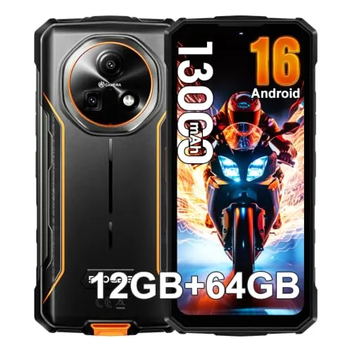 Fire 5 4G Móvil Resistente 2026, 13000mAh Android 16 Móvil Irrompible 12GB+64GB/2TB TF, 6.6'' HD+ 90Hz, 16MP+8MP AI Cámara, IP68 Smartphone Resistente, Dual SIM/NFC/OTG/3 Slot/Face ID/GPS/FM, Naranja