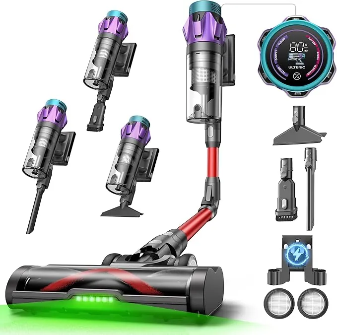 Ultenic U18Pro Aspiradora sin Cable 55Kpa/80Mins, Sistema Multiciclón, Display con Tiempo Restante en Minutos y Limpieza sin Agacharse, Escoba Aspirador Anti-enredos para Pelo de Mascotas y Alfombras