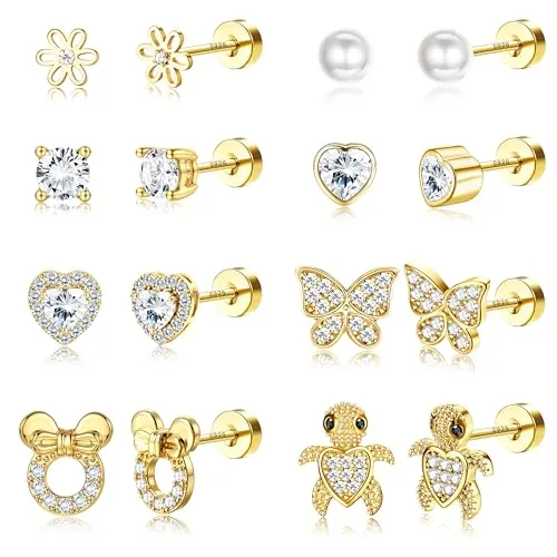 Adramata 8 Pares Pendientes de Plata de Ley 925 Niña Mujer Pendientes Hipoalergenicos Niña con Cierre de Tornillo Lindo Mariposa Flor Corazón Pendiente Oro Plata de Aretes