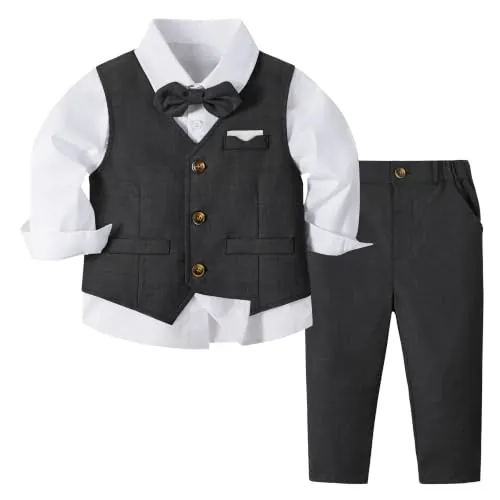 Volunboy Trajes para Bebé Niños de Boda Ceremonia Fiesta, Conjunto de Chaleco, Camisa, Pajarita, Pantalón 4 Piezas (4-5 años, Negro, Tamaño 120)