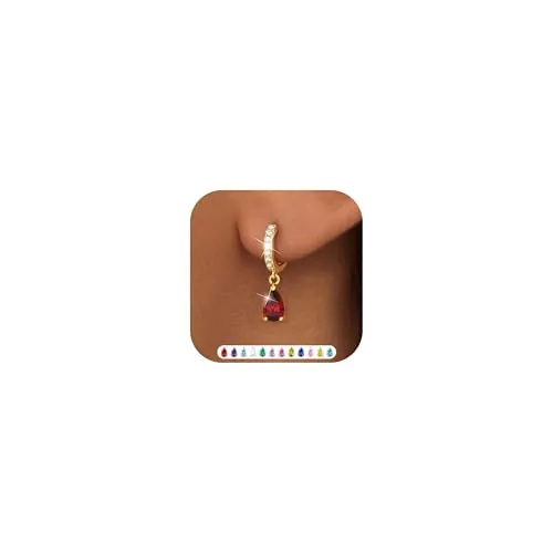 ZNBOH Pendientes Dorados Mujer Oro 18 kilates Hipoalergenicos Pequeños Pendientes Colgantes con Circonita Piedra de nacimiento Amatista Esmeralda Aguamarina Piercing Oreja Joyería Regalo Cumpleaños