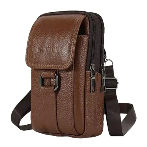 Hwtcjx Bolso Teléfono Movil, Bolso para Movil, Cuero Genuino Bolsa Cintura Hombre, Bolso Bandolera, Funda Movil Cinturon, Riñonera Trabajo, Hombres Bolsa de Hombro Embrague (Café, 12 x 4 x 19.5 cm)