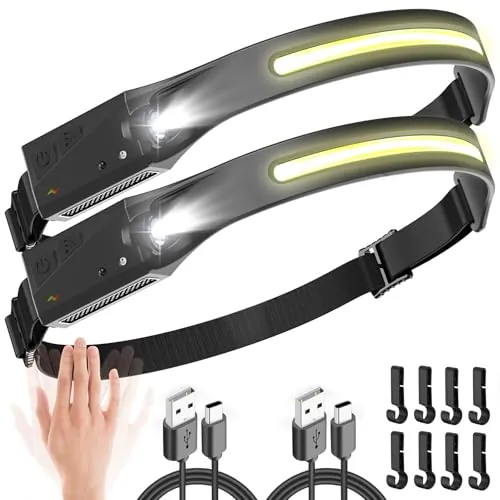 UNBON Linterna Frontal LED Recargable USB C, 2 Piezas Super Brillante Linterna Cabeza LED Alta Potencia con Sensor de Movimiento, 5 Modos Luz 230°, IPX4 Impermeable Ligera para Correr Pescar Trabajo