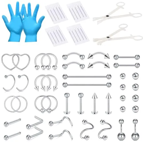 AceFun 66 Piezas Profesional Piercing Kit para todos piercings,14G 16G 18G 20G agujas perforación oreja acero inoxidable nariz tabique ombligo pezón labios ceja smiley piercing joyas para cuerpo