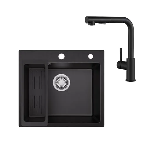 Sofetiy Fregadero Negro Escurridor Granito 50×45cm,Con Grifo Cocina Negro