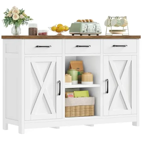 TEENFON Aparadores para Salon con 3 Cajones, Aparador Cocina con Estantes Ajustables, Armario Cocin con Trabajo para Pasillo, Cocina, Comedor, Dormitorio y Baño - 90 x 30 x 80 cm - Blanco