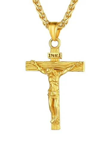 U7 Colgante Personalizado de Cruz Acero Inoxidable Collar Cruz de Jesús con Cadena Espiga ajustable 56+5cm Dorado, Joyería Religiosa Crucifijo Colgante para Hombre y Mujer