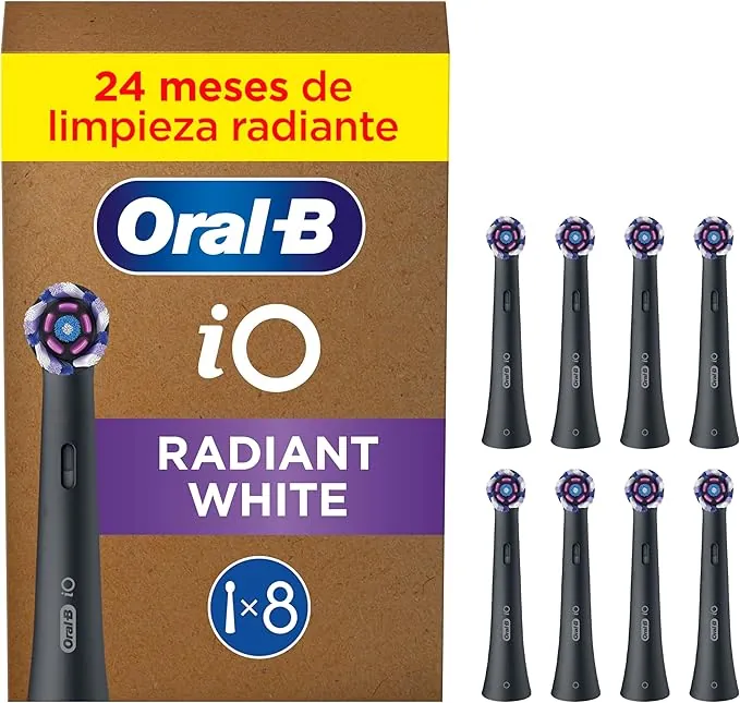 Oral-B Series iO Radiant White Cabezales De Recambio ORIGINALES, Pack de 8 Recambios Negros Para Cepillos De Dientes Eléctricos Oral-B iO, Blanqueamiento Dental, Eliminación De Manchas