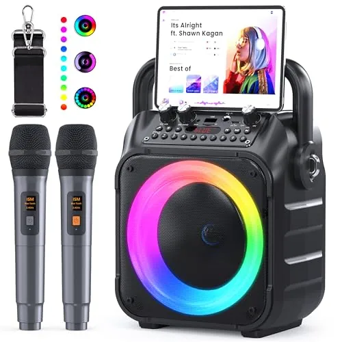 Karaoke 2 Microfonos Inalambricos Ankuka [Versión Actualizada] Altavoz con Microfono de 12W con Subwoofer de 6,5", Autonomía de 8H, Soporta TV/Smartphone/TWS/AUX/USB, Regalo para Niños y Adultos