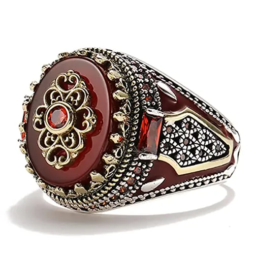 YAHOYA Joyería de Moda Vintage Patrón Tallado Rojo Zircón Piedra Anillos de Hombre Retro Hecho a Mano Plata Color Anillos de Hombre